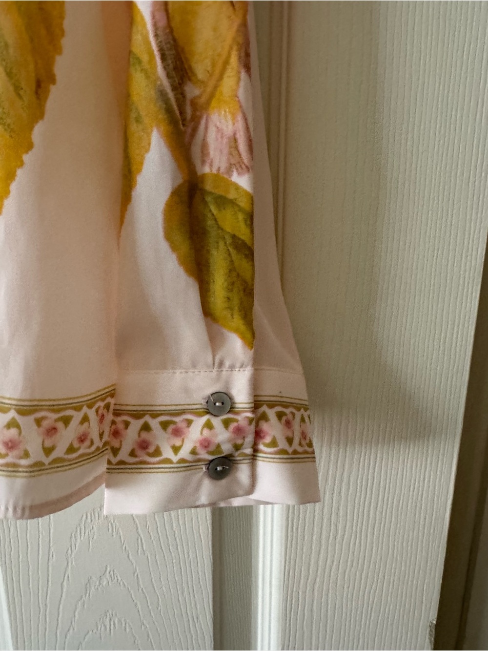 Rose & Olive Pink Floral Button-Down Blouse with Yellow Leaf Motif - Picture 6 of 9
